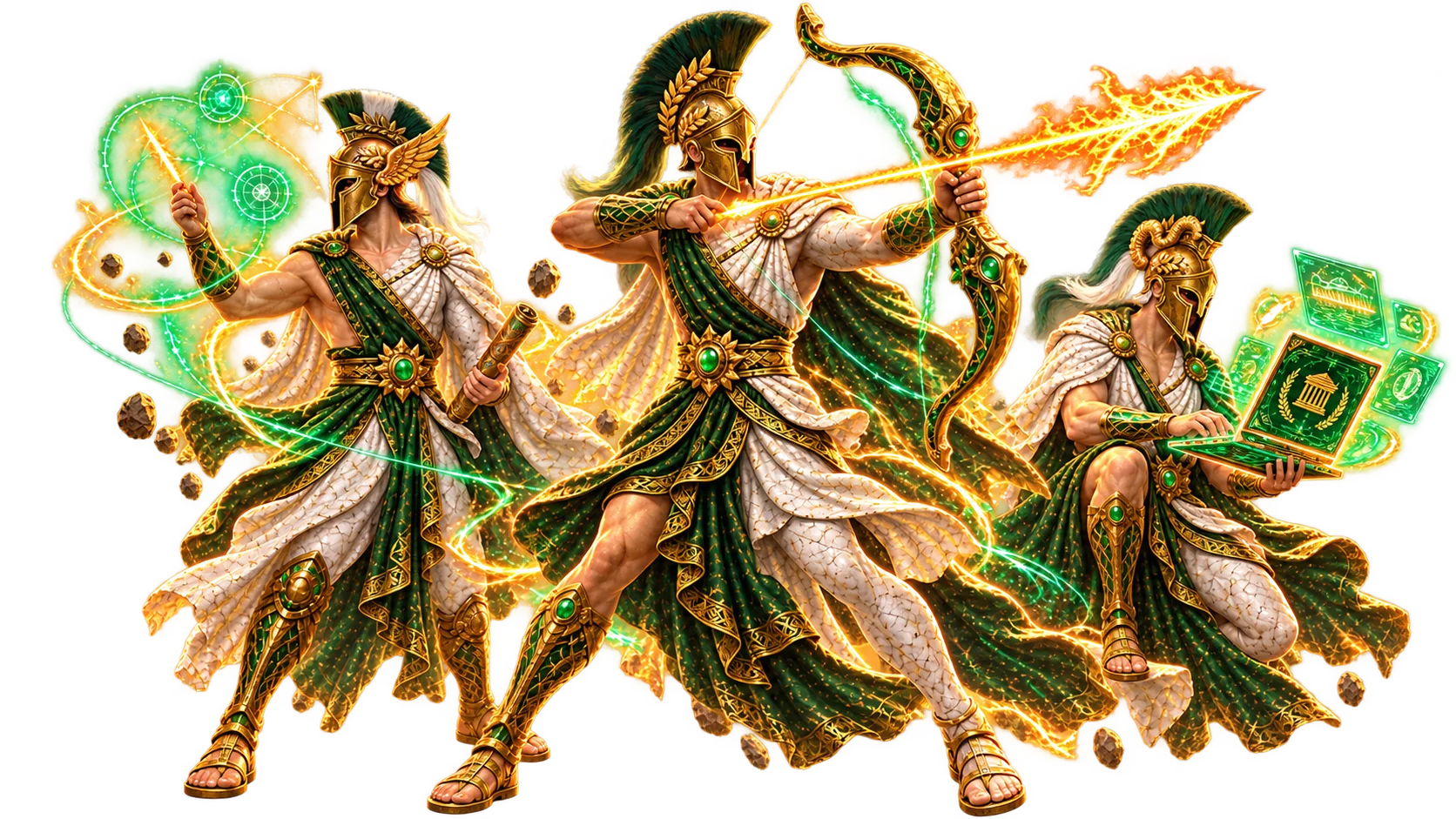 Three Keepers in gold and emerald armour, cloaks traced with constellation circuitry — one raising a spark, one drawing a burning bow, one holding a lit tablet